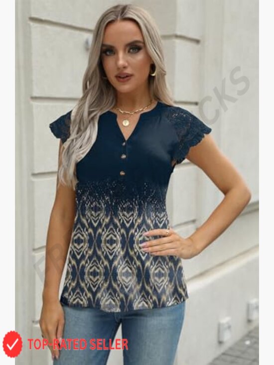 Lace Cap Sleeve V-Neck Button Down Tank Top Loose Fit Boho Summer Blouse - Picture 2 of 4